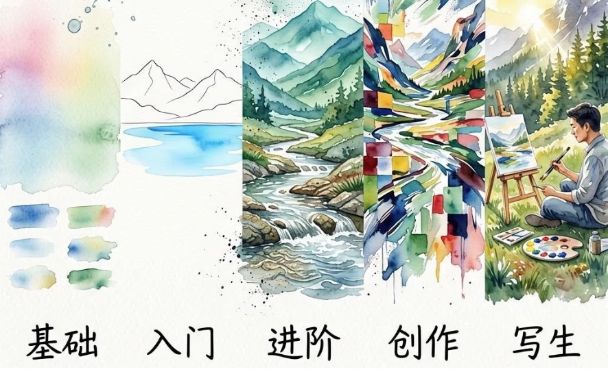 水彩风景五合一 (基础+入门+进阶+创作+写生)