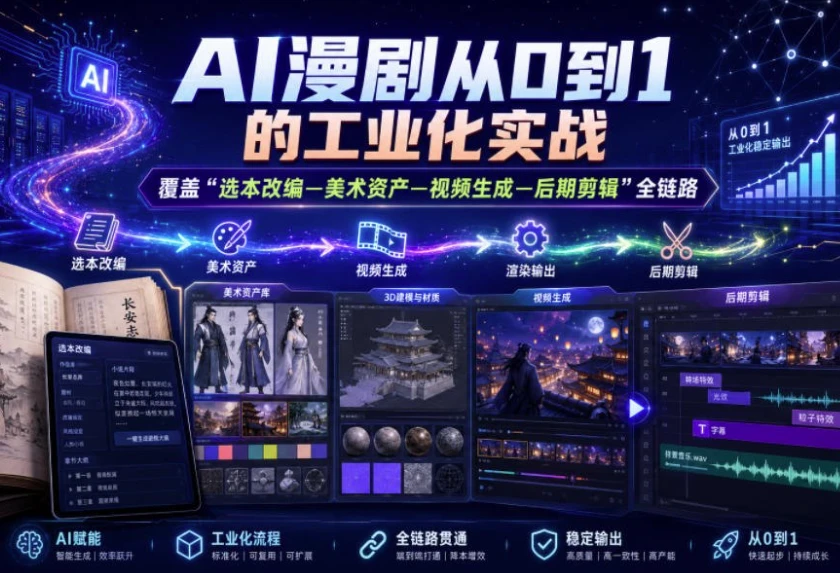 AI漫剧从0到1的工业化实战，覆盖“选本改编—美术资产—视频生成—后期剪辑”全链路课程